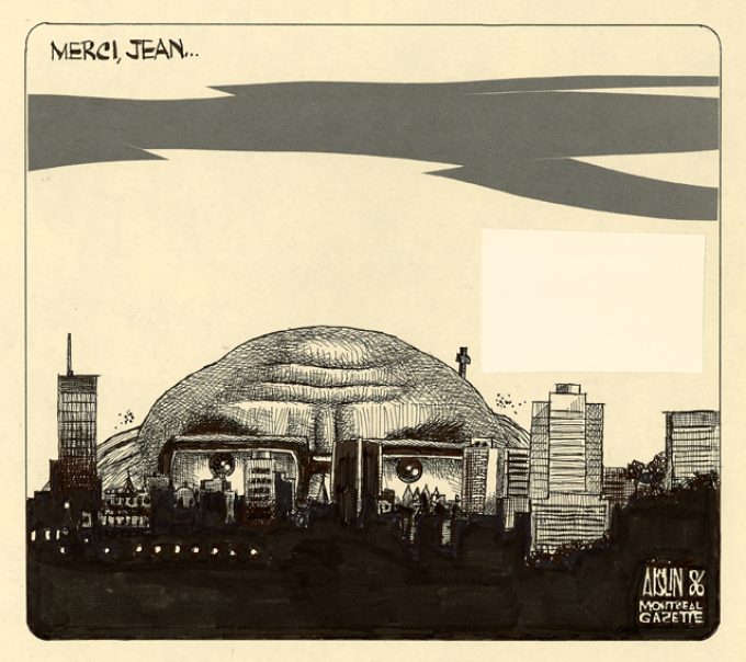 Musée McCord. M987.244.62. Caricature intitulée Merci, Jean..., signée Aislin (alias Terry Mosher).